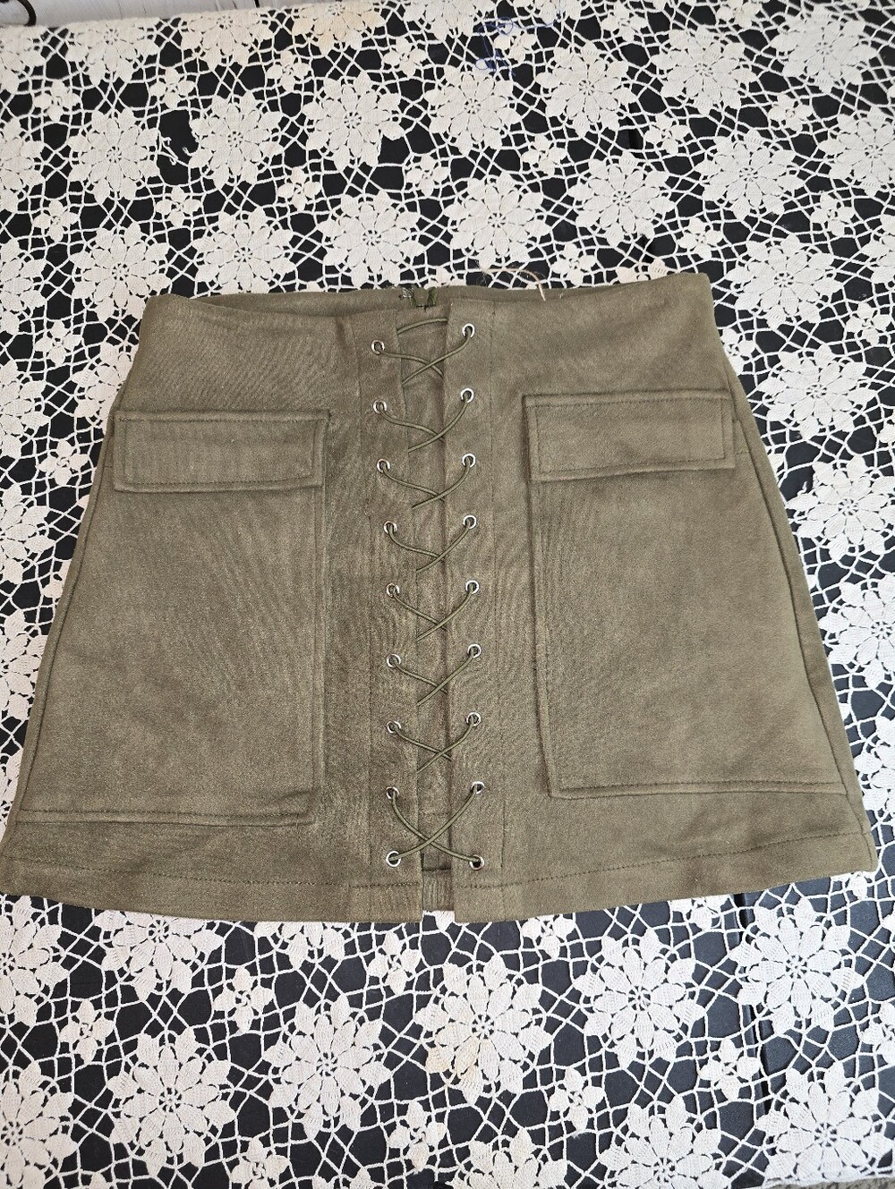 Do + Be Mini Skirt Faux Suede Lace Up  Olive Green High Waist, Womens Small